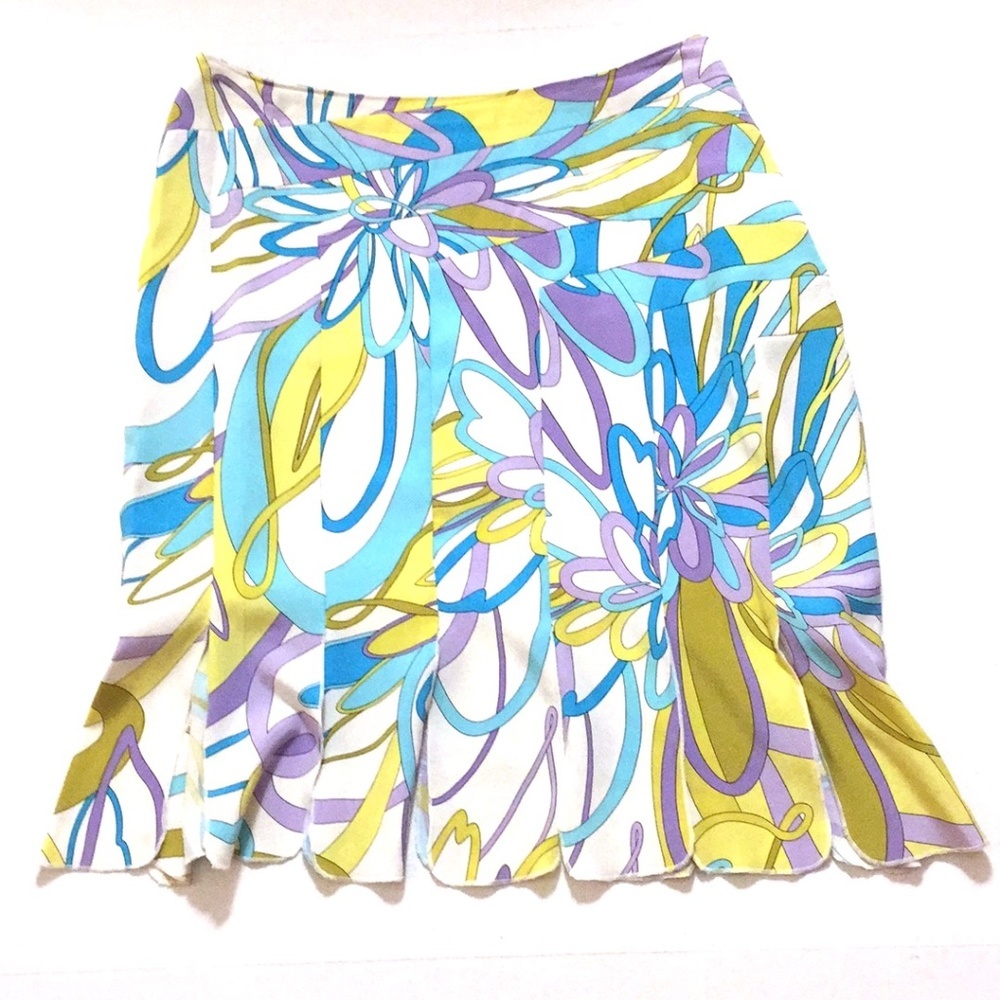 ESSENTIAL G Carwash Hem Silk Skirt Pucci-like mod Turquoise Violet White Mod